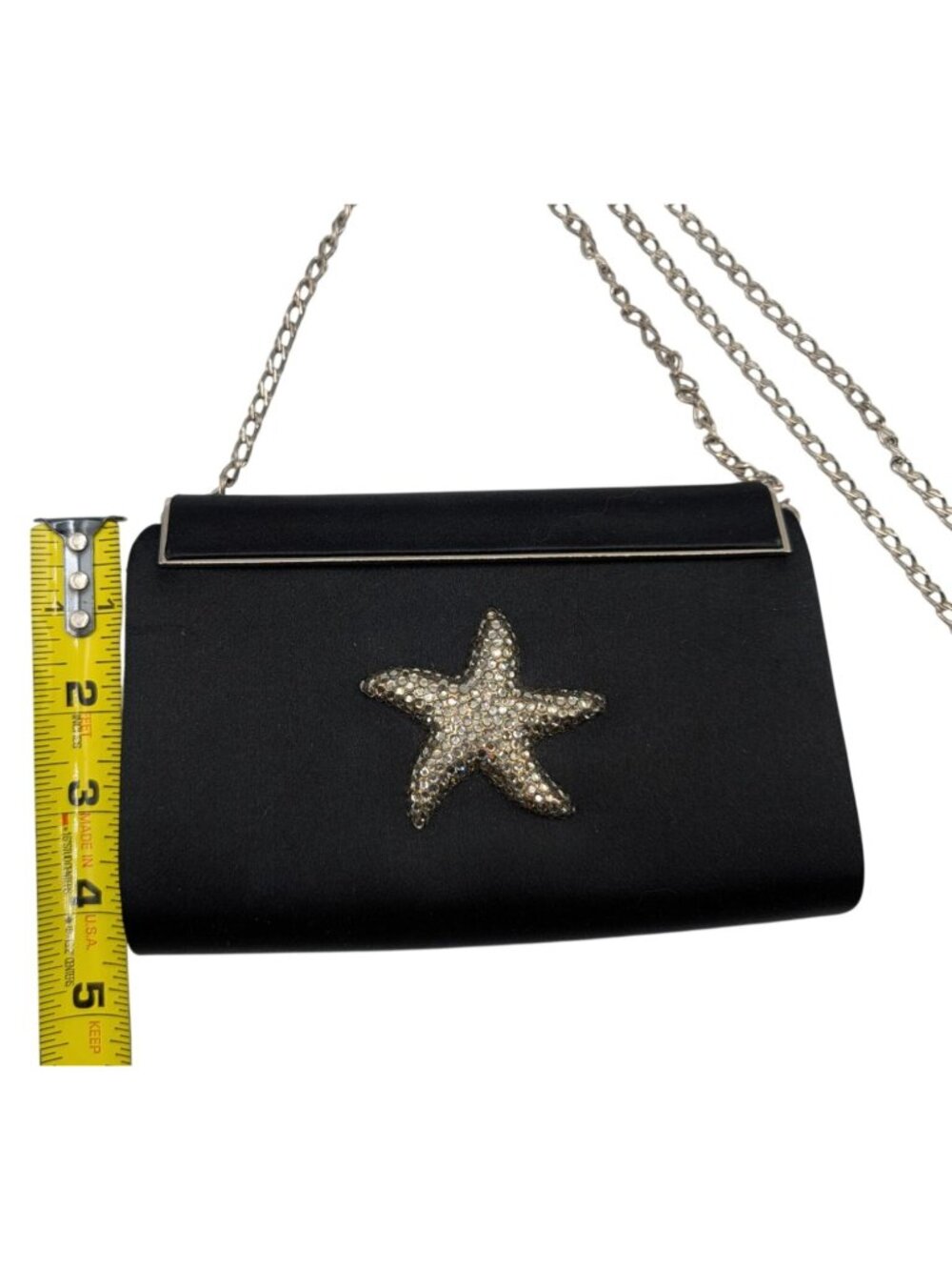 Eliza Gray Starfish Crystal Embellished Black Satin Evening Bag W Silver Chain - Picture 8 of 15